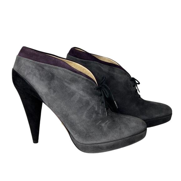 Prada Women's Gray Suede Lace-Up Booties Size 37.5 Italy High Heel Platform - Picture 1 of 10